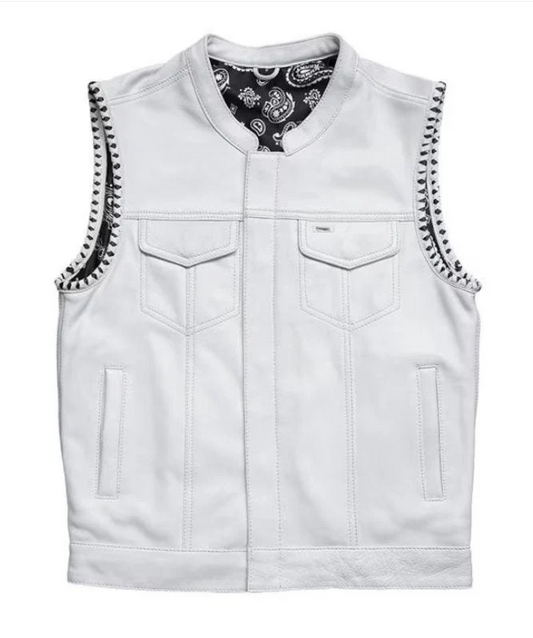 Men’s White Leather Motorcycle Vest – Custom Biker Vest