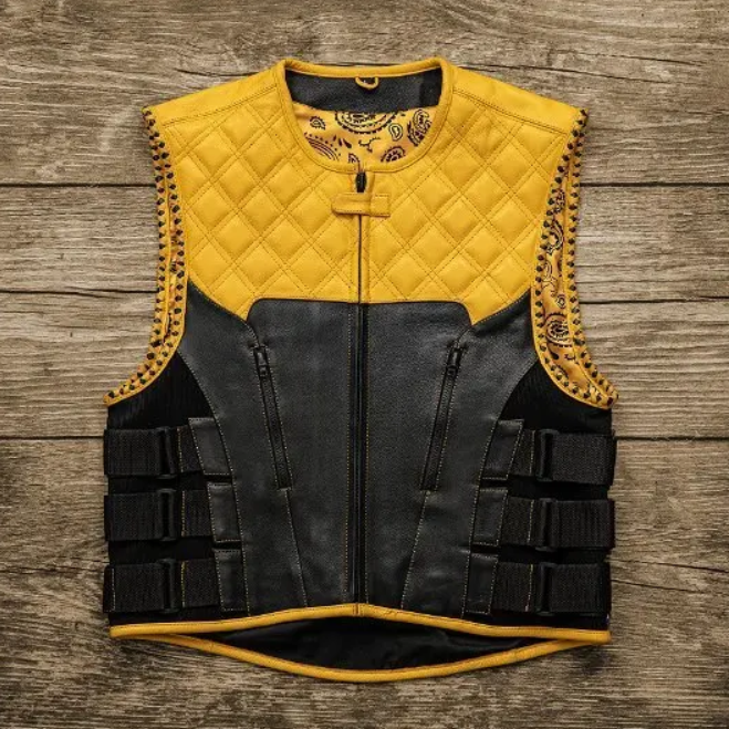 Men's yellow and black genuine leather motorcycle vest with adjustable side buckle straps