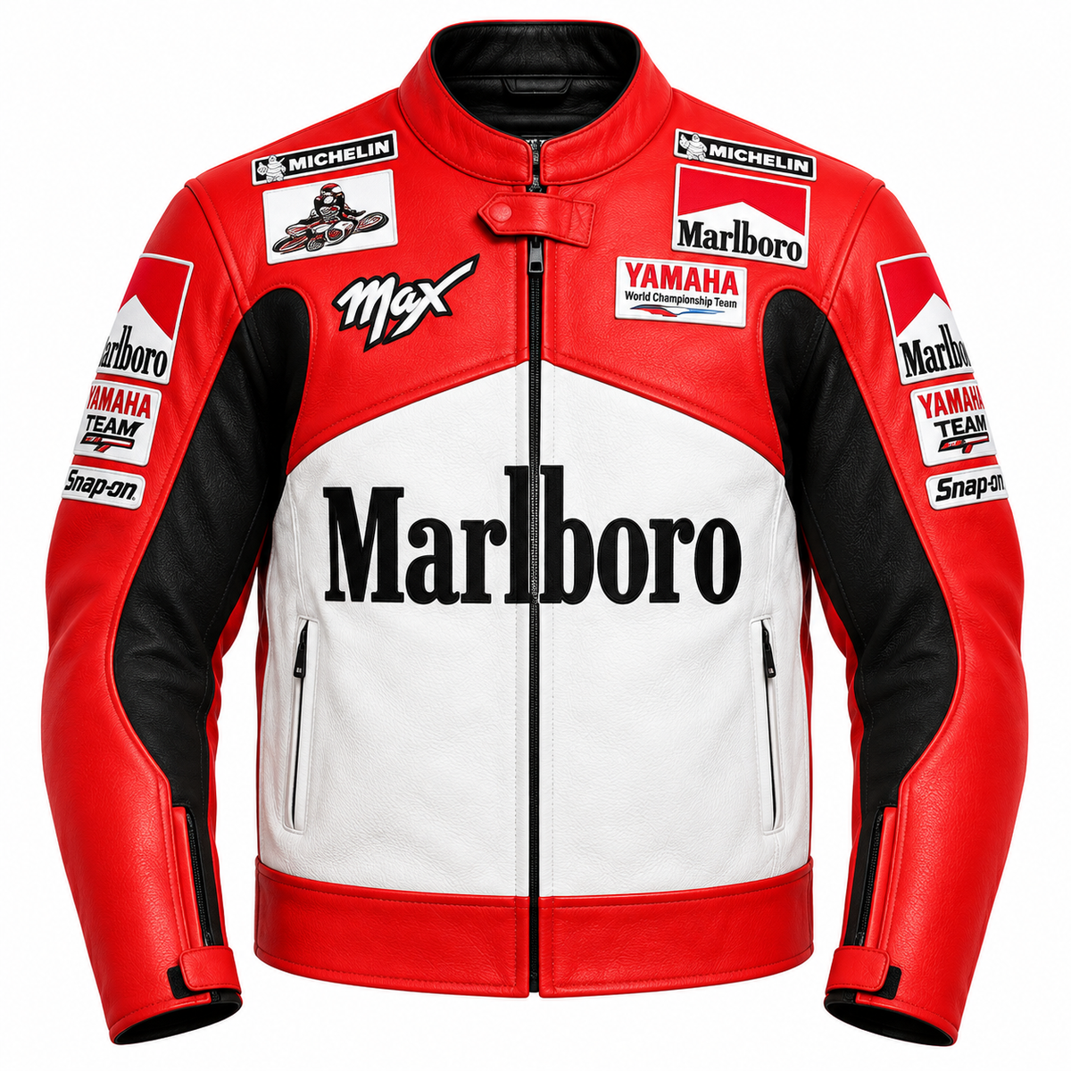 A red and white leather motorcycle jacket featuring prominent Marlboro, Yamaha, Michelin, and Snapon sponsor logos, displayed on a clean white background.