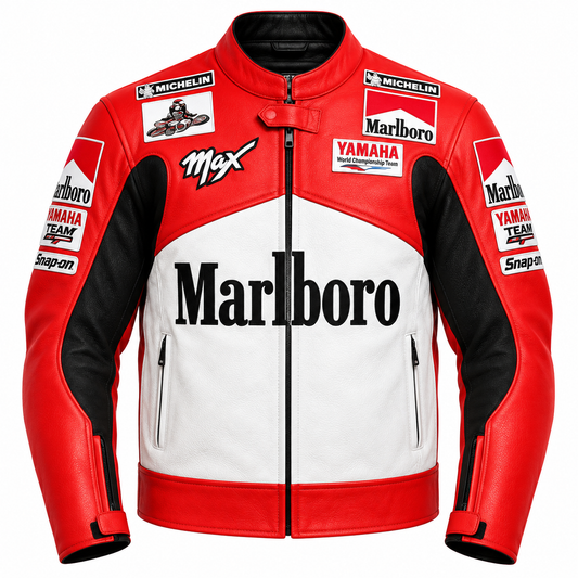 A red and white leather motorcycle jacket featuring prominent Marlboro, Yamaha, Michelin, and Snapon sponsor logos, displayed on a clean white background.