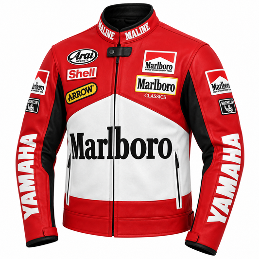 A red, white, and black motorcycle racing jacket featuring prominent Marlboro, Yamaha, Arai, Shell, and Arrow sponsor logos, shown on a plain white background.