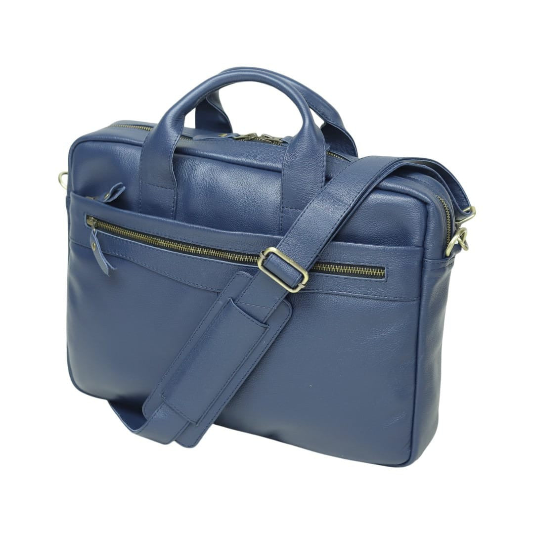 Navy blue genuine leather briefcase with shoulder strap and top handles – Leathers Crafted