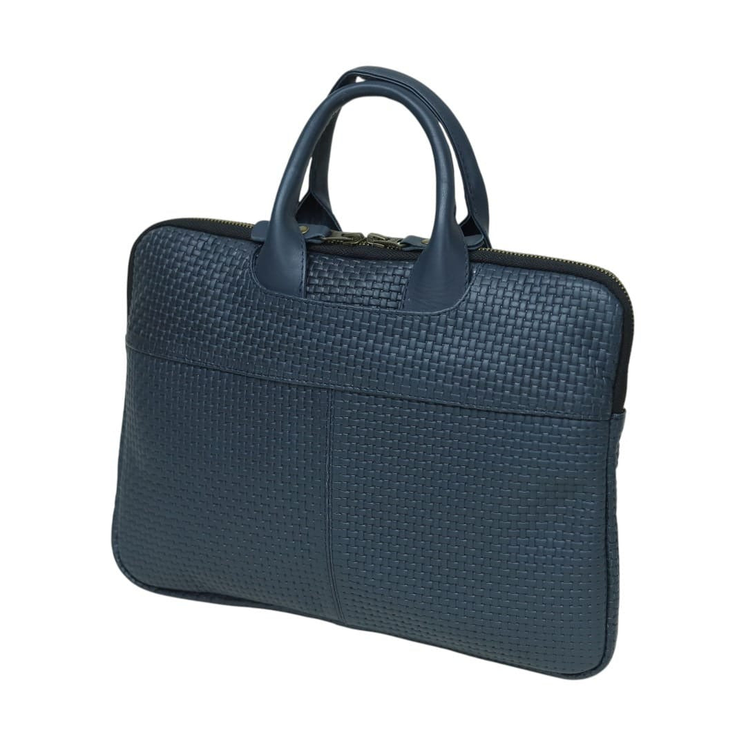 Navy blue woven leather briefcase with top handles – Leathers Crafted