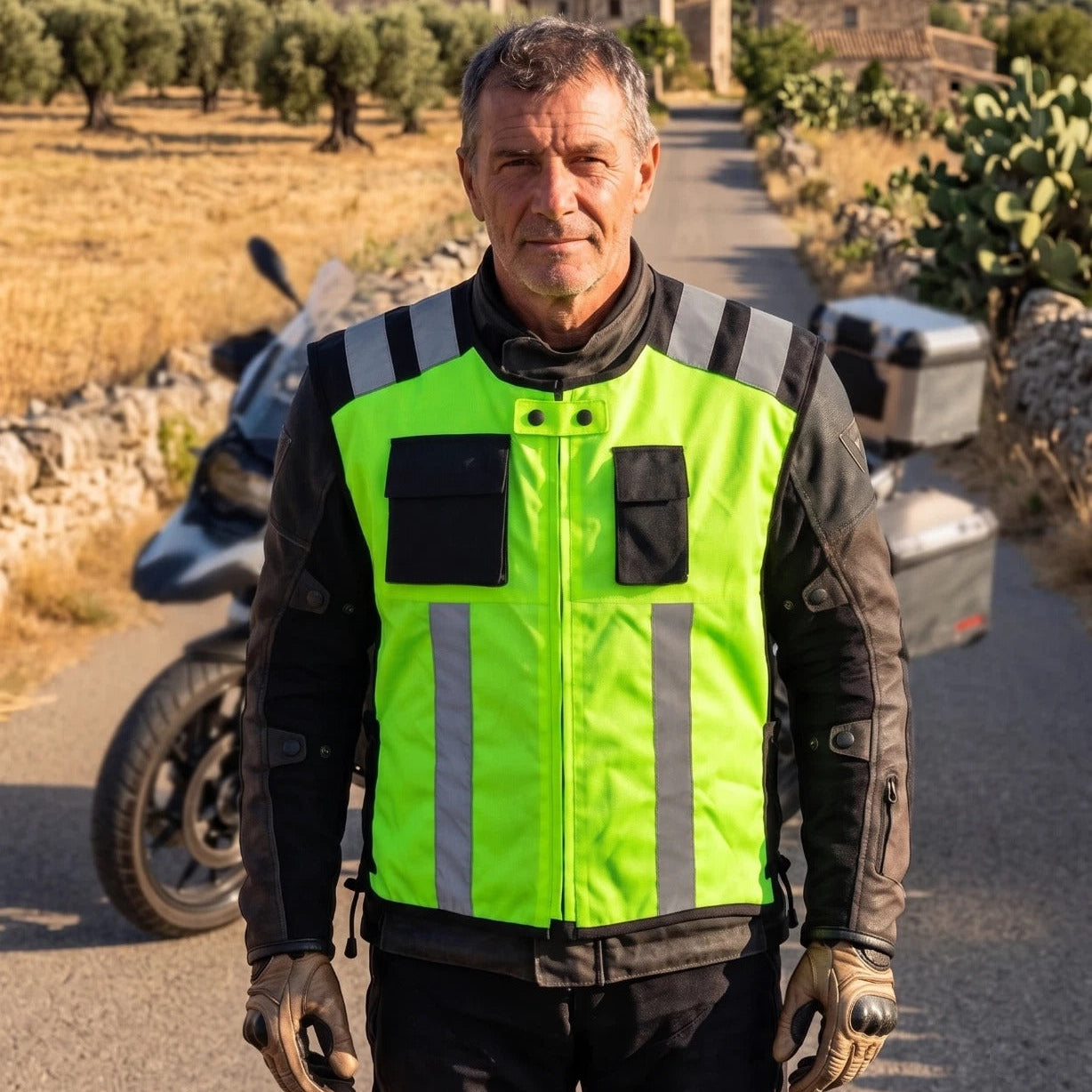 A man wearing a high-visibility neon yellow-green motorcycle jacket with reflective stripes and black leather sleeves stands on a sunlit country road with a motorcycle