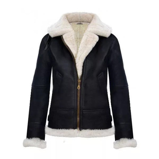 RAF Aviator Flying Pilot Hooded Black Leather Jacket for Women Leathers Crafted
