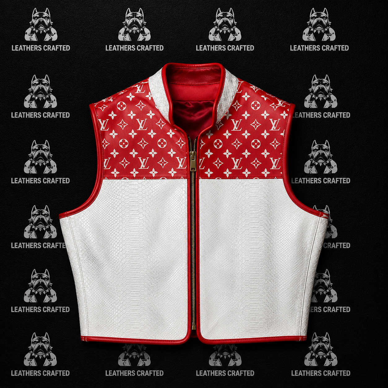 A cropped leather vest with a red and white split design, featuring a white monogram pattern on the red upper section and a white textured lower section. The vest has red piping along the edges and a red interior lining, shown against a black background with a repeating 'Leathers Crafted' watermark pattern.