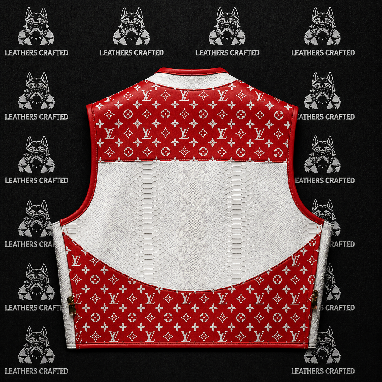 A Louis Vuitton-inspired monogram leather vest shown from the back, featuring a red and white monogram pattern with a large white textured center panel, displayed against a black background with repeated 'Leathers Crafted' watermarks.