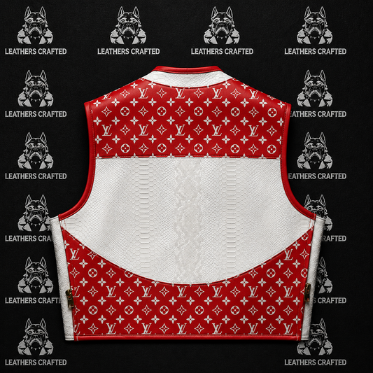 A Louis Vuitton-inspired monogram leather vest shown from the back, featuring a red and white monogram pattern with a large white textured center panel, displayed against a black background with repeated 'Leathers Crafted' watermarks.