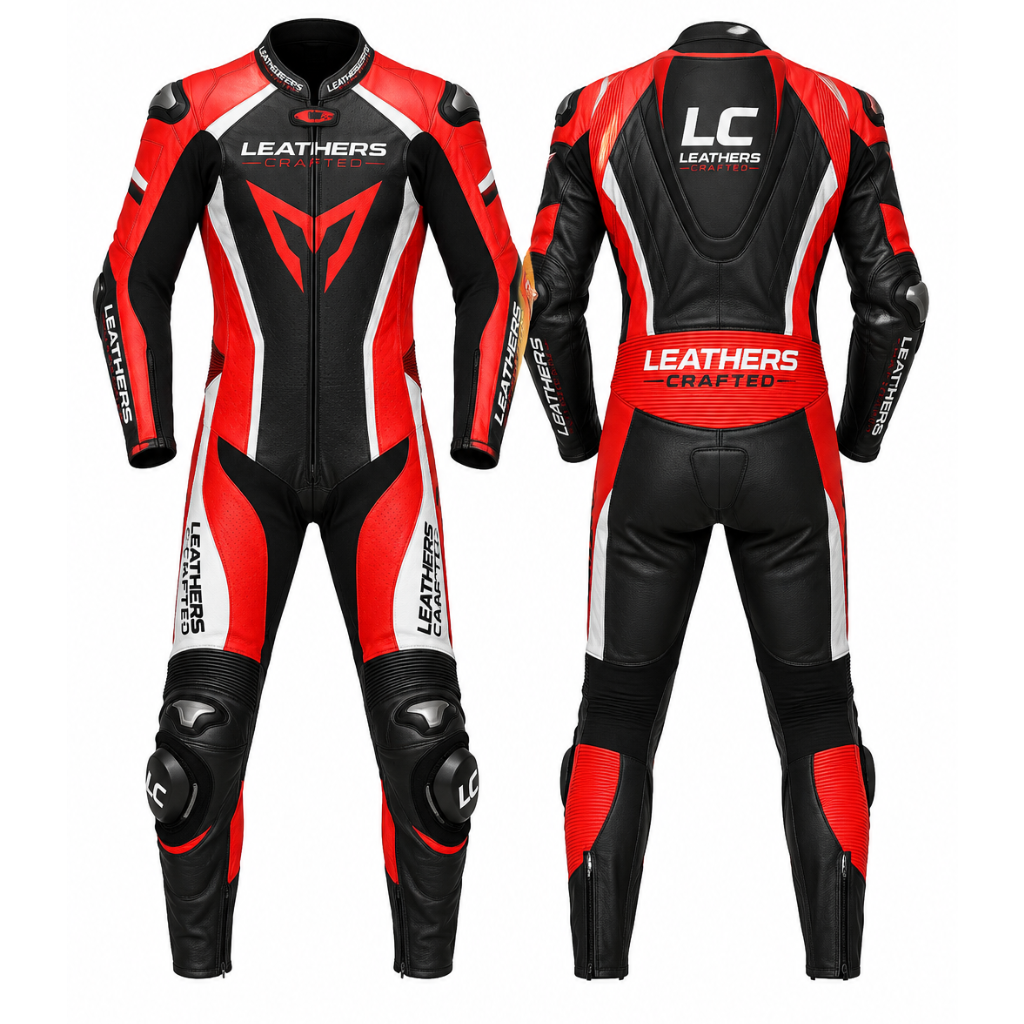Red, black, and white motorcycle leather suit with 'Leathers Crafted' branding on a white background.