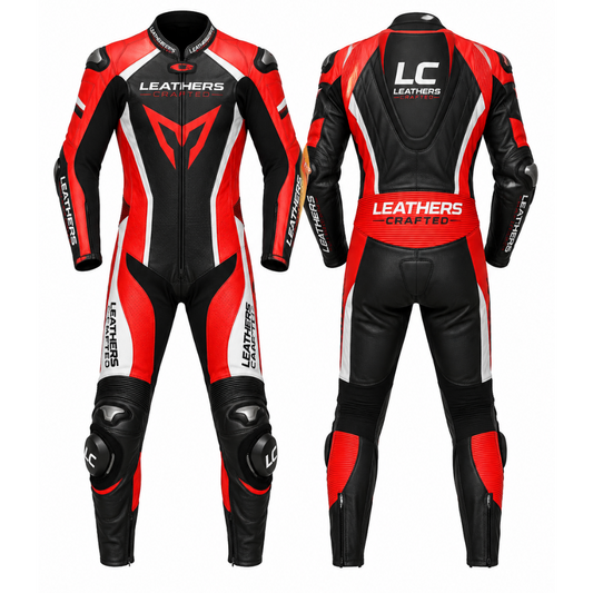 Red, black, and white motorcycle leather suit with 'Leathers Crafted' branding on a white background.