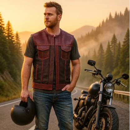 Red embossed crocodile-textured leather panels and pocket flaps on biker vest