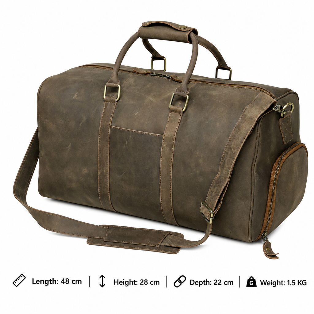 Rugged Vintage Leather Duffel Bag | Shoe Pocket
