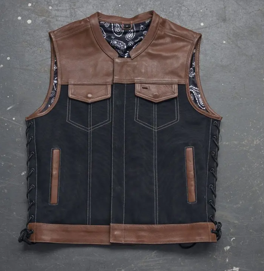 Men's Black & Brown Leather Vest – Two-Tone Biker Vest with Side Laces