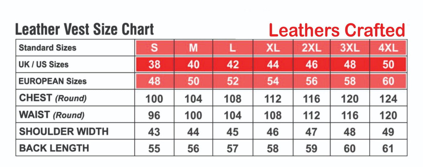 Leather vest size chart with standard, UK/US, and European size correspondences.