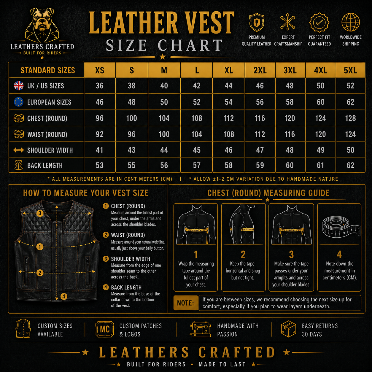 A black leather vest size chart infographic with a size table from XS to 5XL, measurement guides in centimeters, chest measuring instructions, and brand details for Leathers Crafted.
