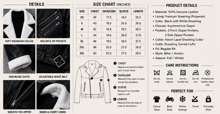 Men's Shearling Collar Leather Biker Jacket – Black Moto Jacket with White Faux Fur