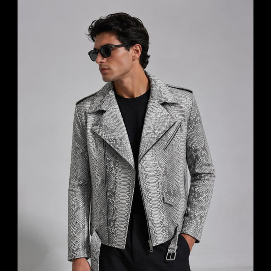 Men's Grey Snakeskin Embossed Leather Moto Jacket – Belted Python Print Biker Jacket