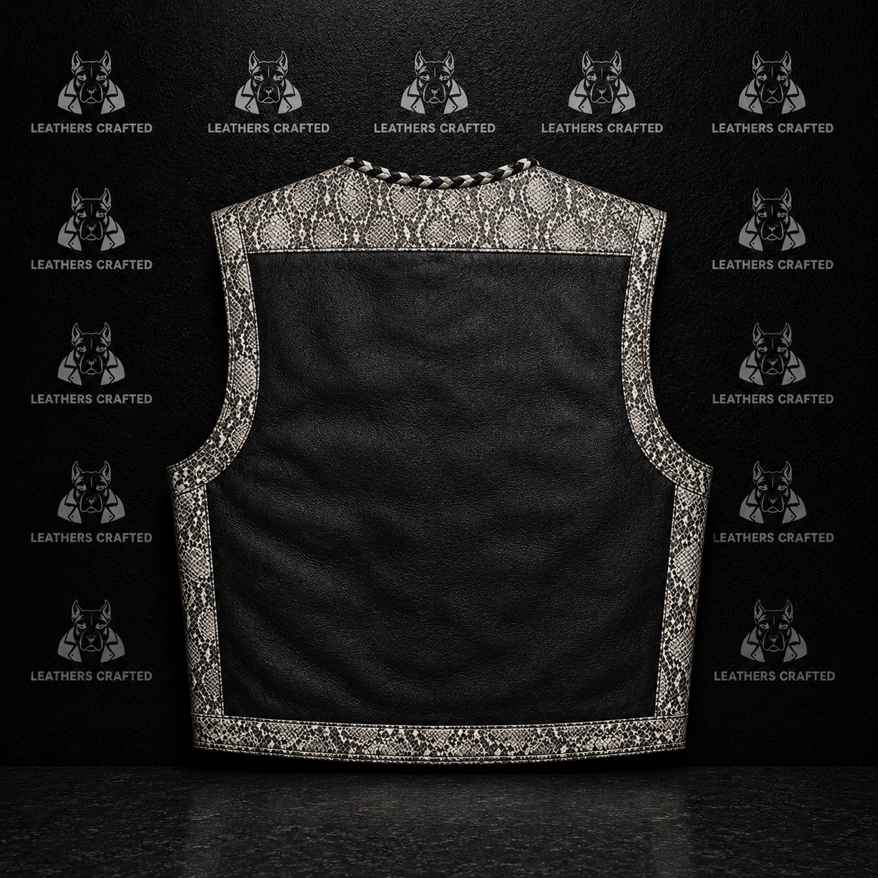 Premium Black Leather Motorcycle Vest with Snakeskin Trim
