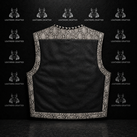 Premium Black Leather Motorcycle Vest with Snakeskin Trim