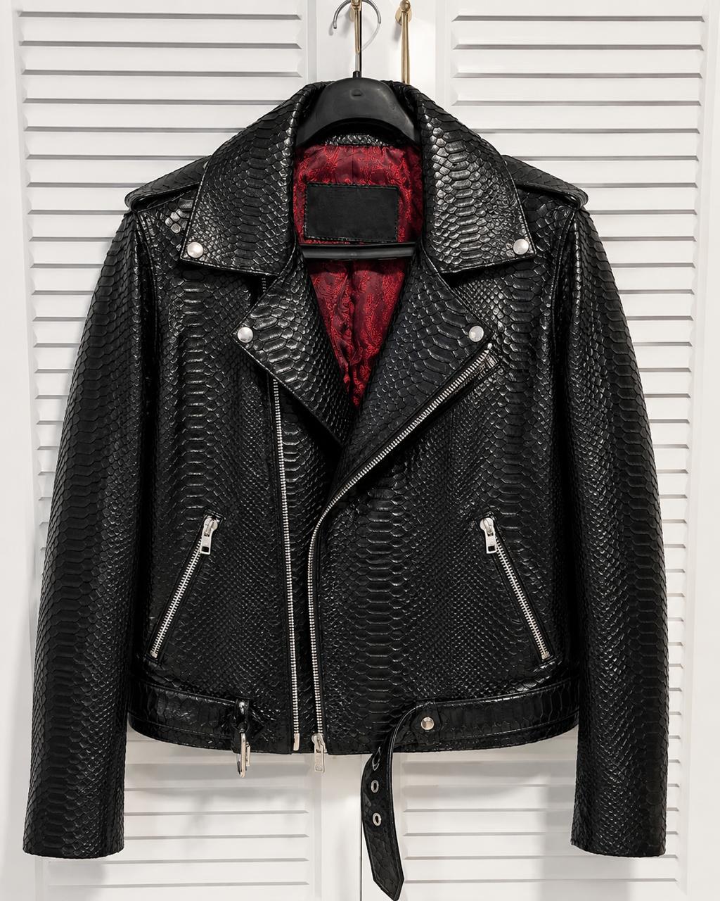 Men's Snakeskin Embossed Leather Biker Jacket – Black Python Print Moto Jacket