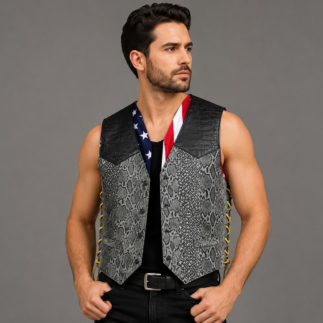 American Flag Lined Western Style Motorcycle Waistcoat for Riders