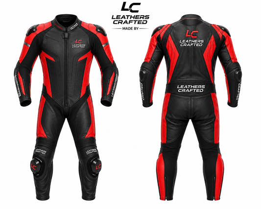 Stealth Black & Red Motorcycle Racing Leather Suit – Premium CE Armored One-Piece Track Day Racing Suit | Leathers Crafted