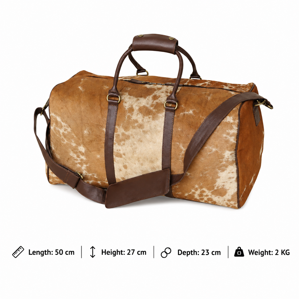 Tan Cowhide Duffel Bag – Genuine Cow Fur Leather Travel Weekender Bag with Shoulder Strap