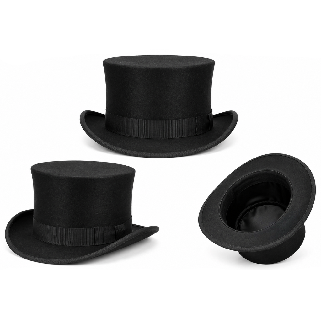 Three black top hats on a white background