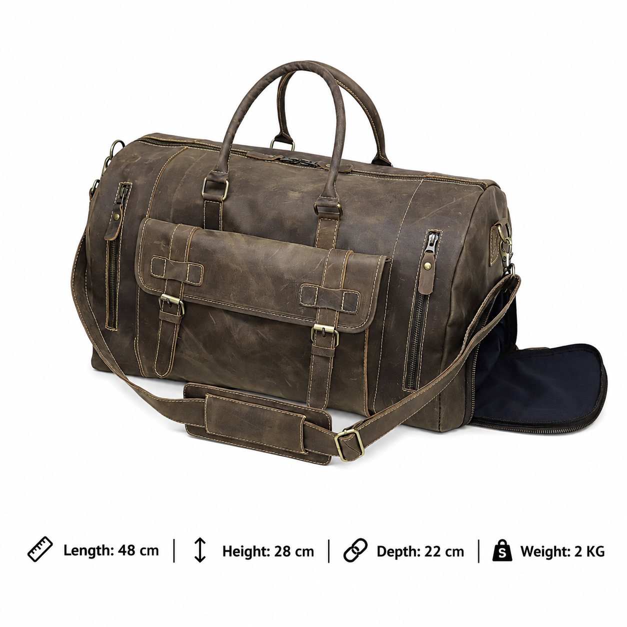 Vintage Leather Duffel Bag with Buckle Pocket
