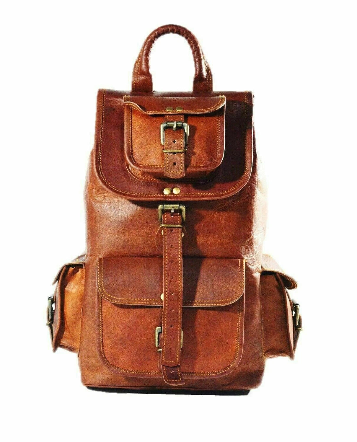 Vintage brown leather backpack for men with front pockets and buckle closure