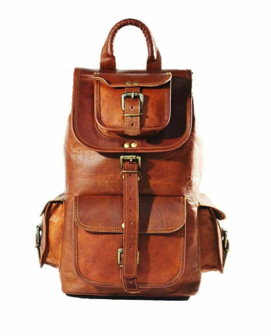 Vintage brown leather backpack for men with front pockets and buckle closure
