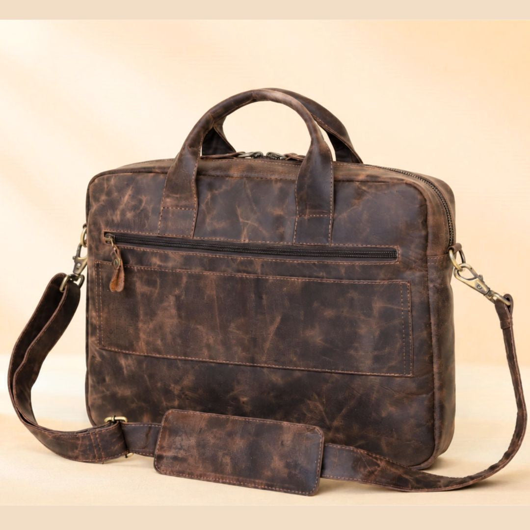 Vintage brown leather briefcase with shoulder strap and front zip pocket – Leathers Crafted