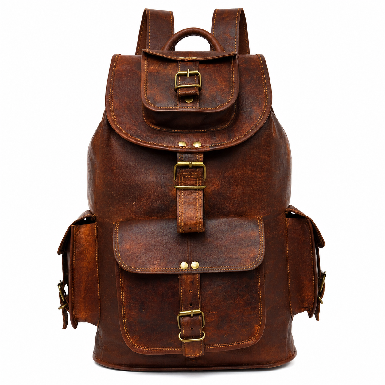 Vintage brown leather backpack with multiple pockets and adjustable straps