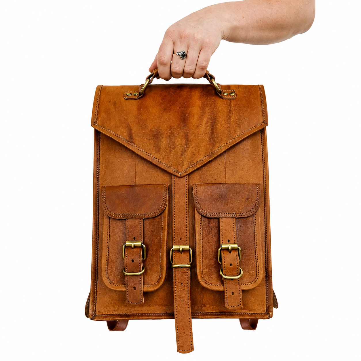 Vintage brown leather backpack with front buckle pockets and adjustable straps