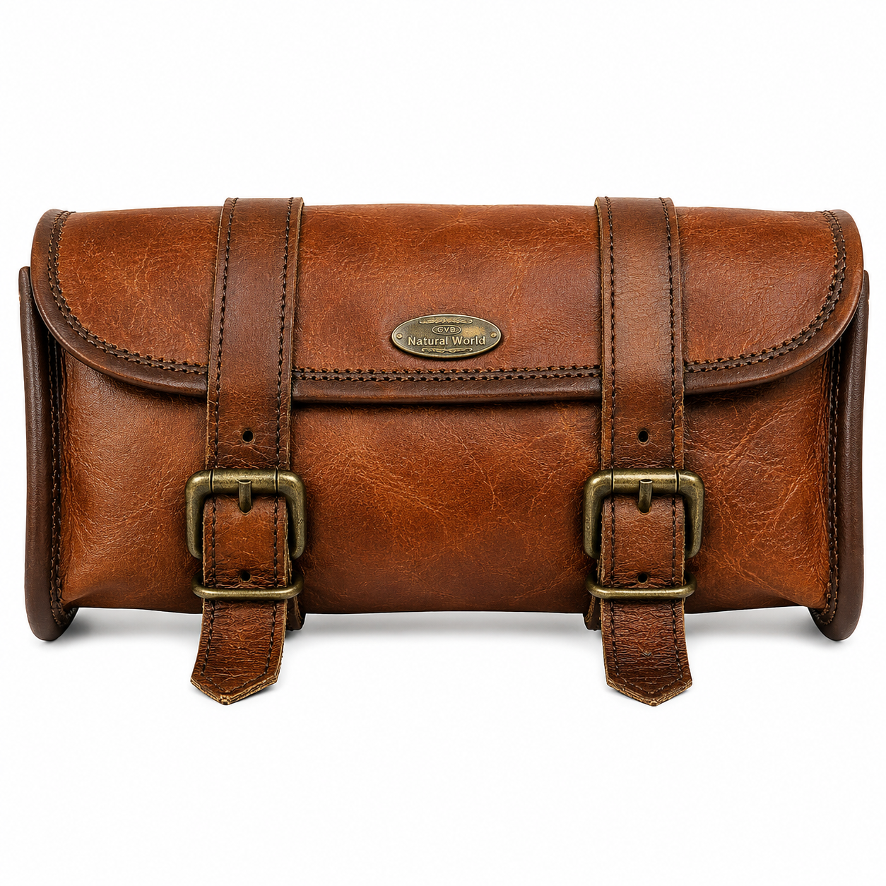 Vintage brown leather motorcycle tool roll bag with buckle straps