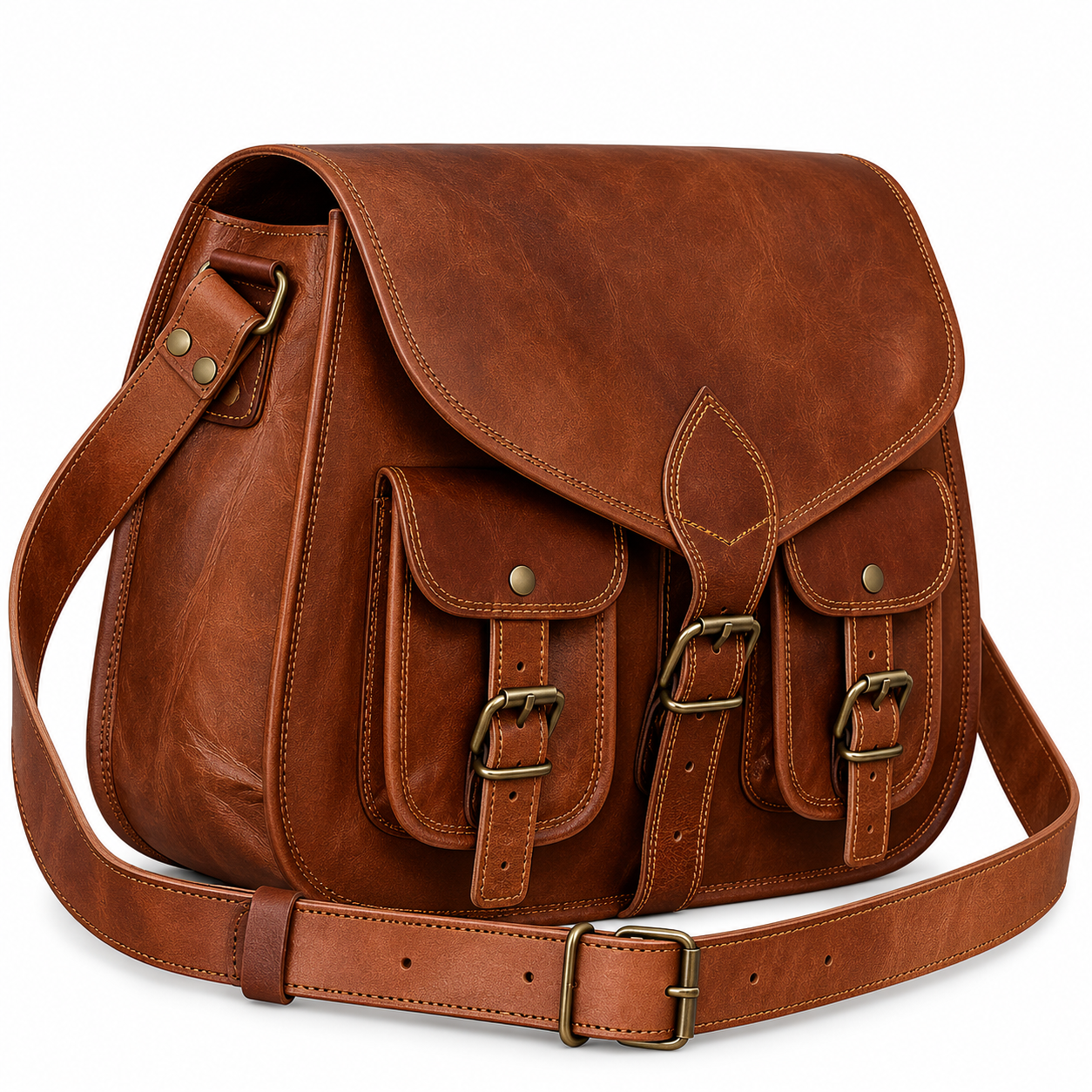 Vintage brown leather crossbody shoulder satchel bag with front pockets and adjustable strap
