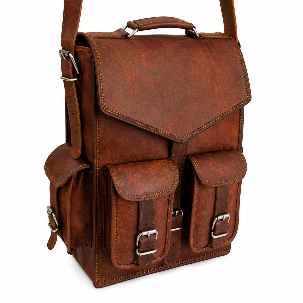 Vintage brown leather backpack with multiple front pockets and flap closure