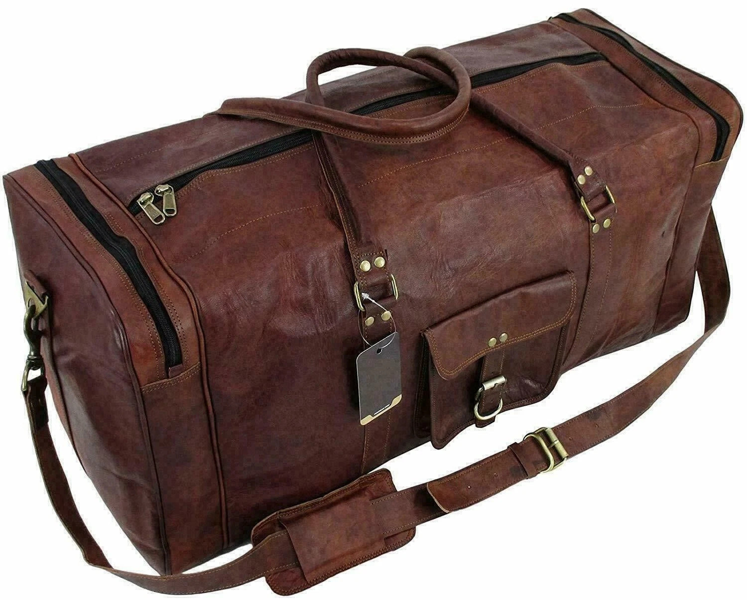Vintage brown leather duffel bag with adjustable shoulder strap for travel