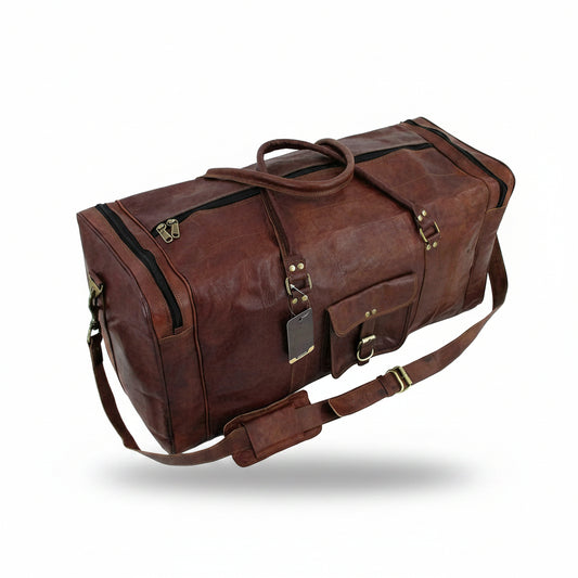 Vintage brown leather duffel bag with adjustable shoulder strap for travel
