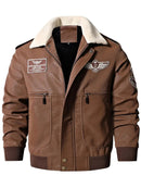 Men's Aviator Bomber Jacket with Patches and Sherpa Collar Leathers Crafted