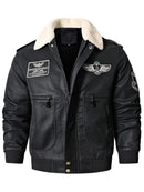 Men's Aviator Bomber Jacket with Patches and Sherpa Collar Leathers Crafted