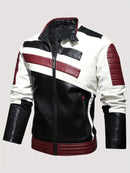 Men's Bold Tri-Color Moto Jacket – Black, White, and Burgundy Leather Biker Style Leathers Crafted