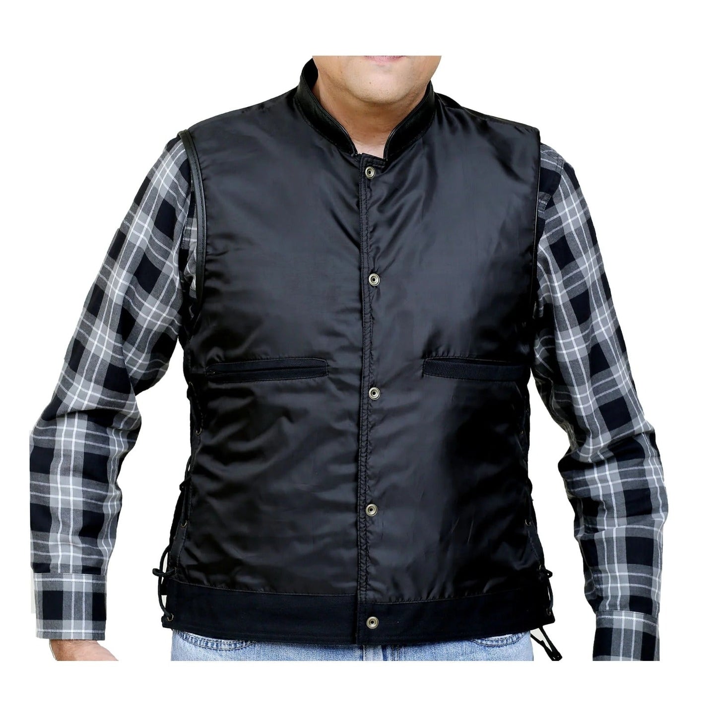 Leather House Men's SOA Trim Denim Vest with Side Laces Leathers Crafted