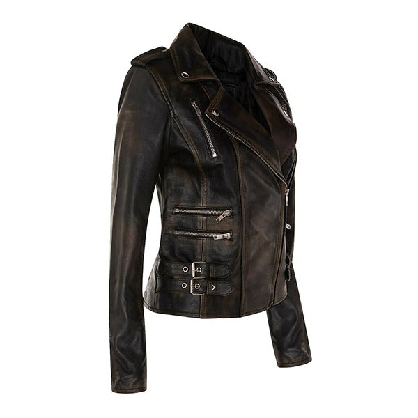 Vintage Brown Women’s Zipper Black Motorcycle Leather Jacket Leathers Crafted