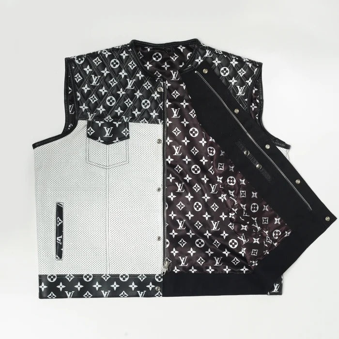 Men's White and Black Paisley Leather Motorcycle Vest Leathers Crafted