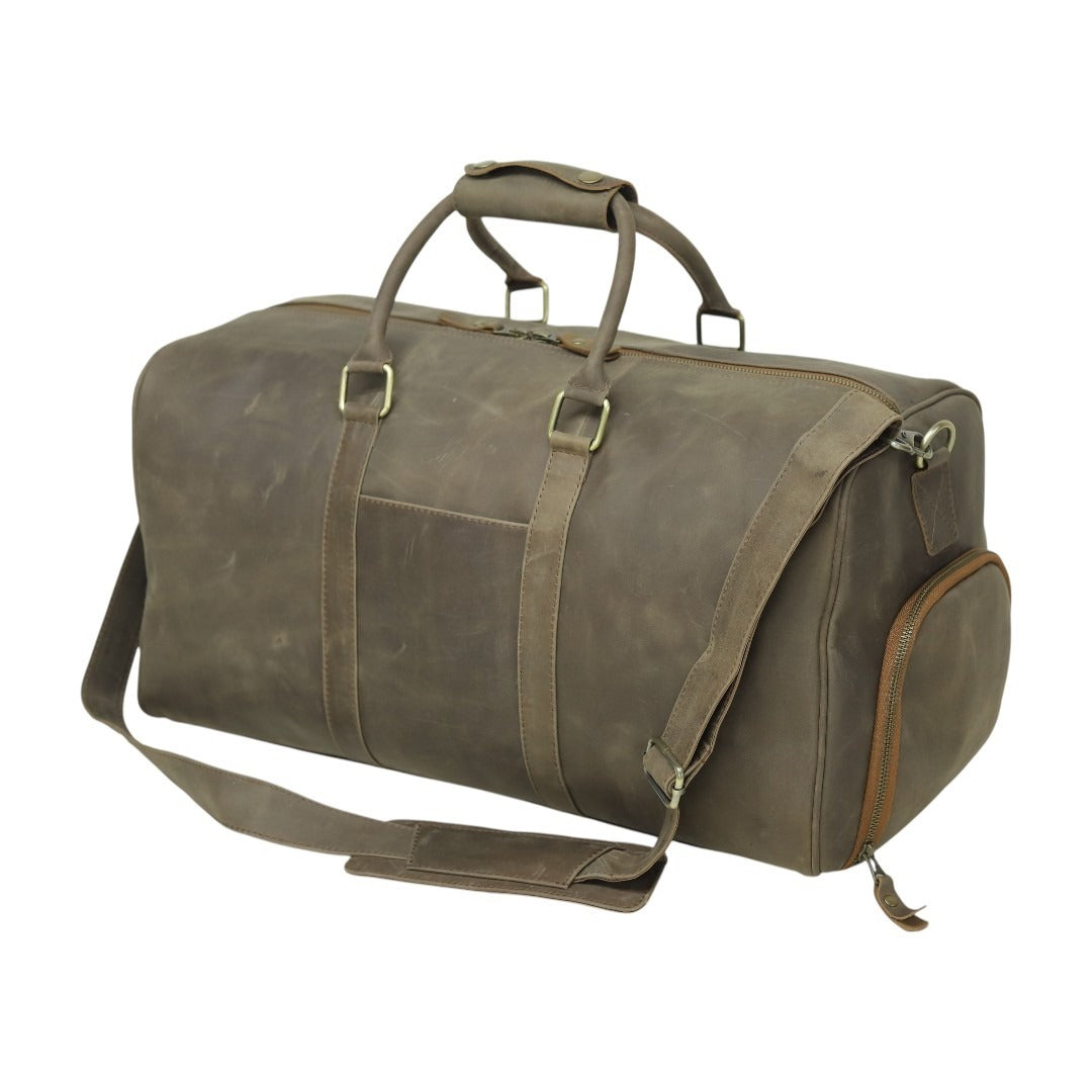 Rugged Vintage Leather Duffel Bag | Shoe Pocket