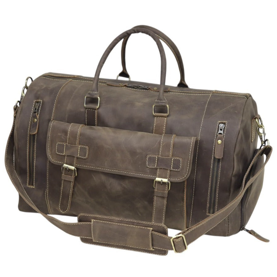 Vintage Leather Duffel Bag with Buckle Pocket