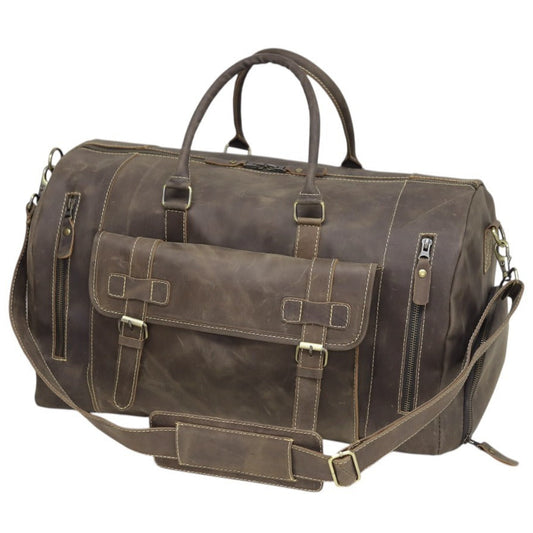 Vintage Leather Duffel Bag with Buckle Pocket