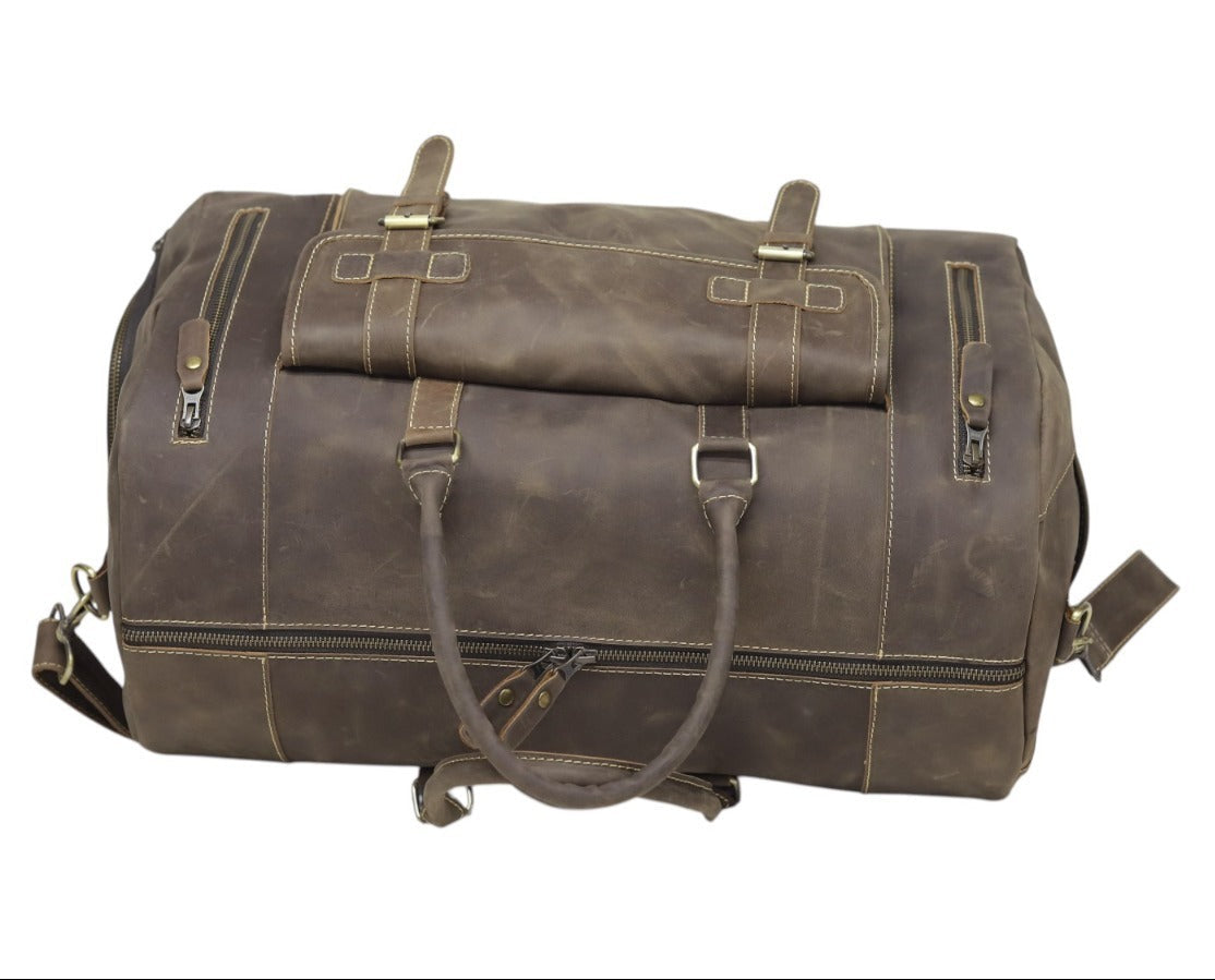 Vintage Leather Duffel Bag with Buckle Pocket