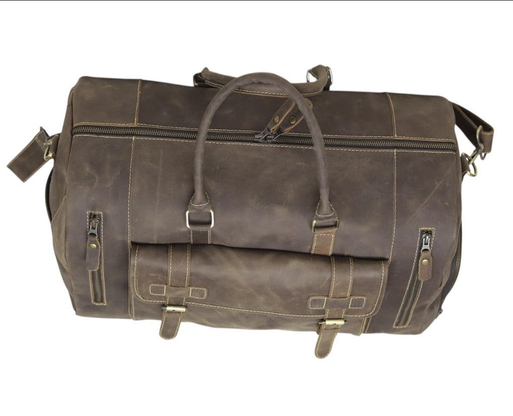 Vintage Leather Duffel Bag with Buckle Pocket